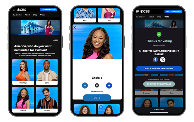 Big Brother Standard Vote screenshots with landing page, contestant card, and thank you modal. 