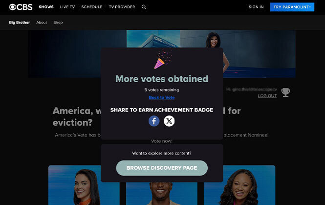 Big Brother Thank You modal with more votes earned